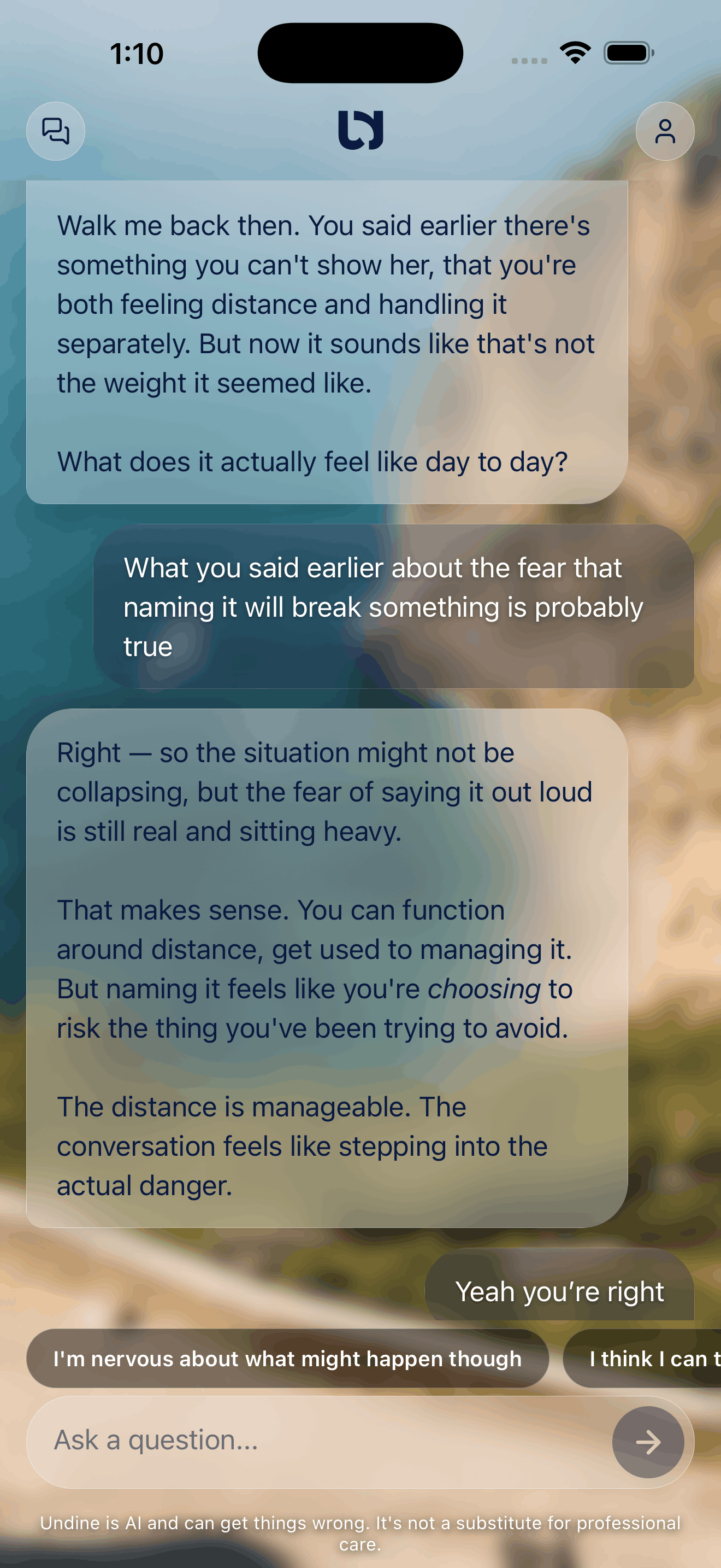 Undine asking a reflective follow-up question in a chat